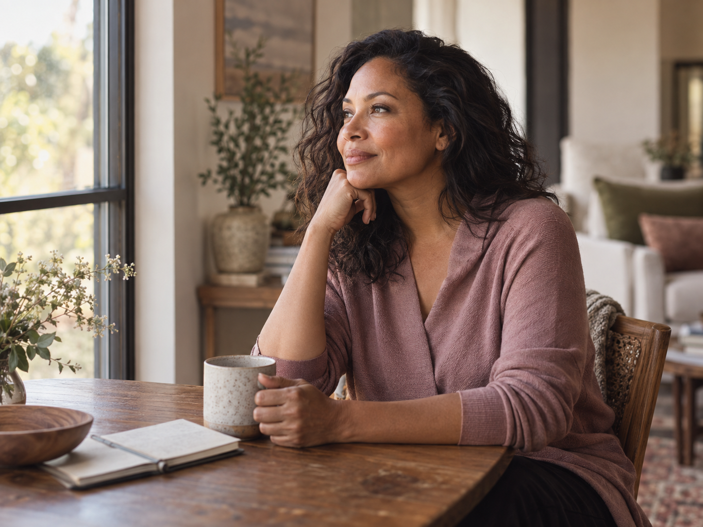 A woman sitting thoughtfully at home with a notebook and warm drink